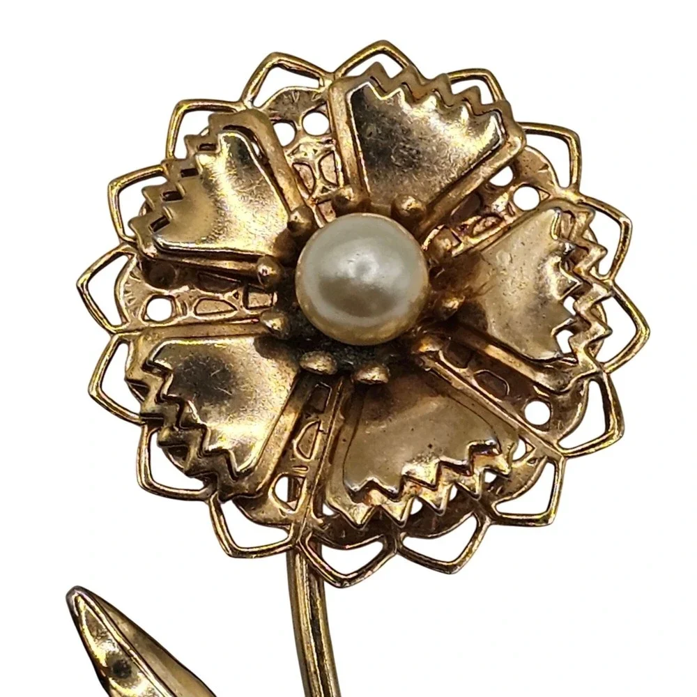 Vtg Brooch Lot 2pc Gold Tone Faux Pearl Statement 2.5